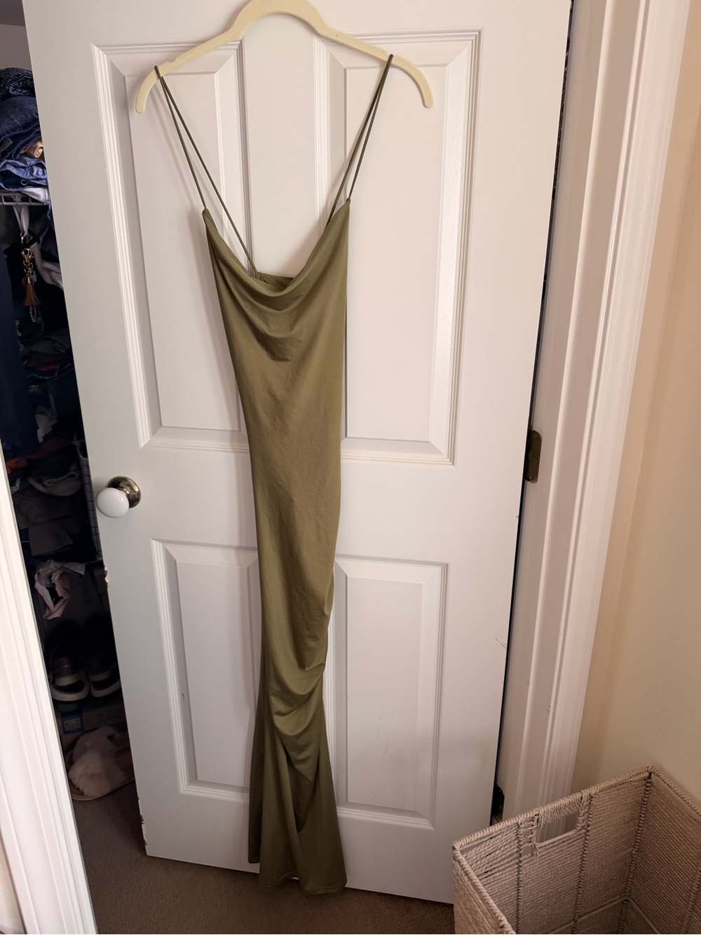 mahina Olive Green Cowl Neck Maxi Slip Dress